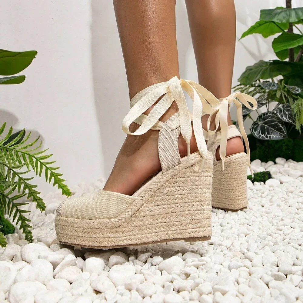 Apricot Boho Women's Vacation Tie Leg Design Espadrille Wedge Shoes